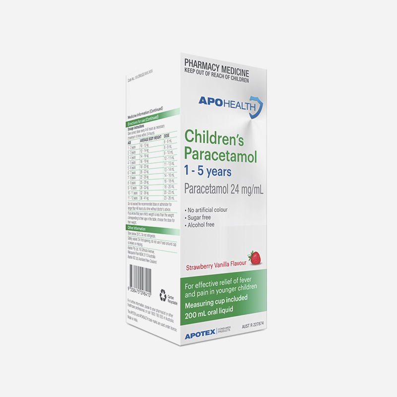 apo health childrens paracetamol 1-5 years 200ml strawberry
